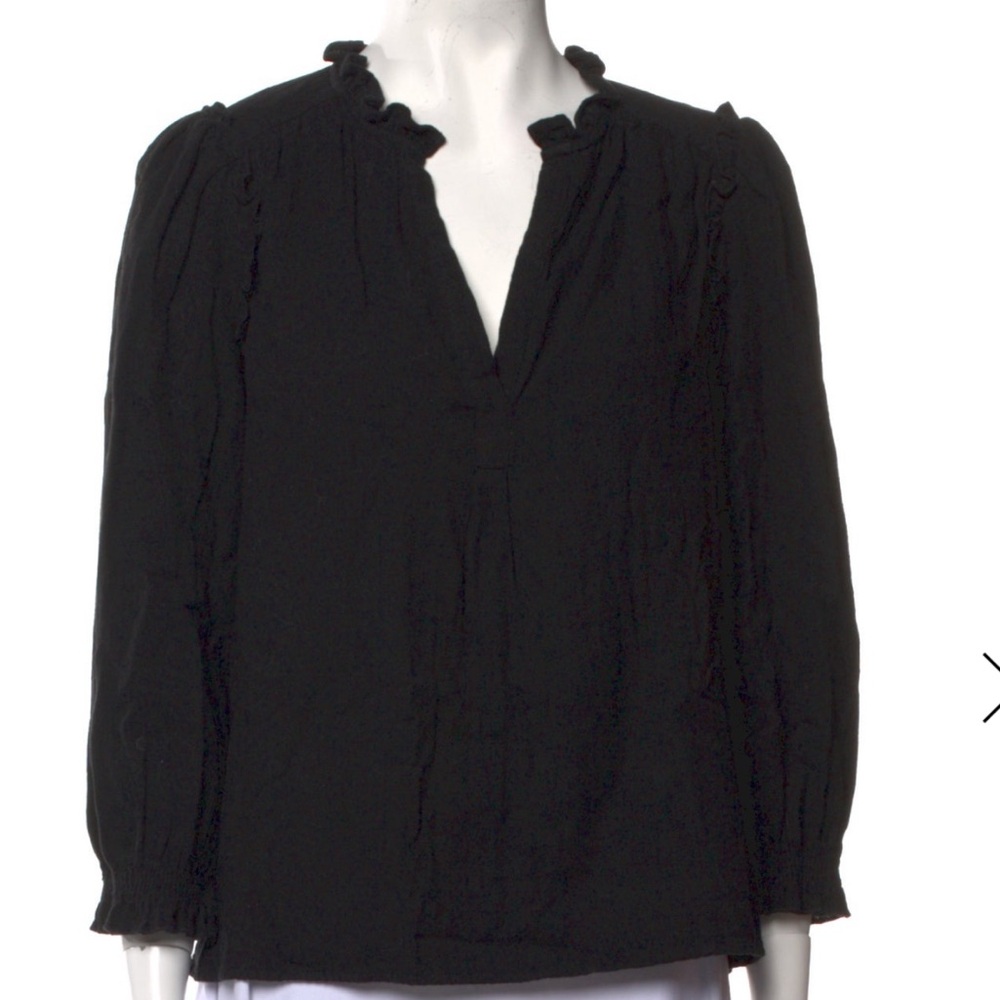 ME+EM Black Ruffled V neck Peasant Blouse size 12 100% cotton